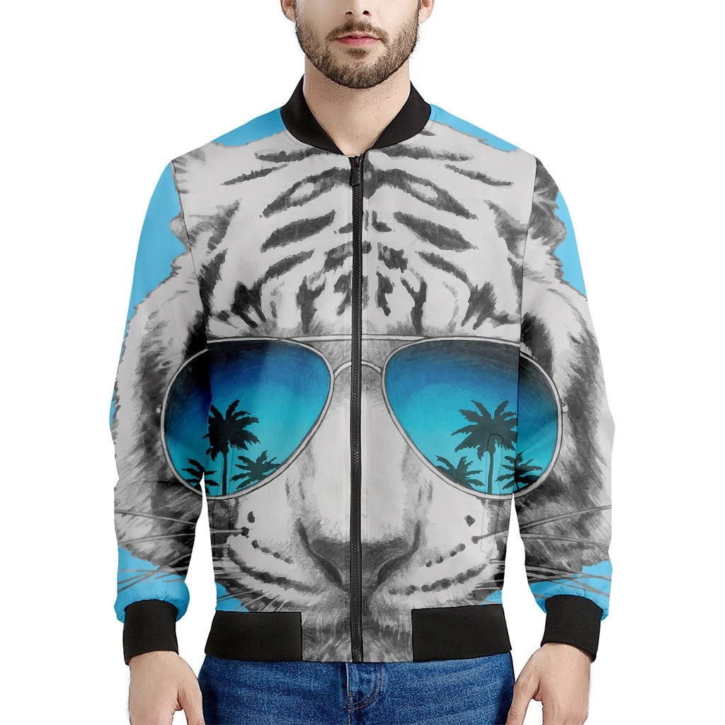 White Tiger With Sunglasses Print Men's Bomber Jacket