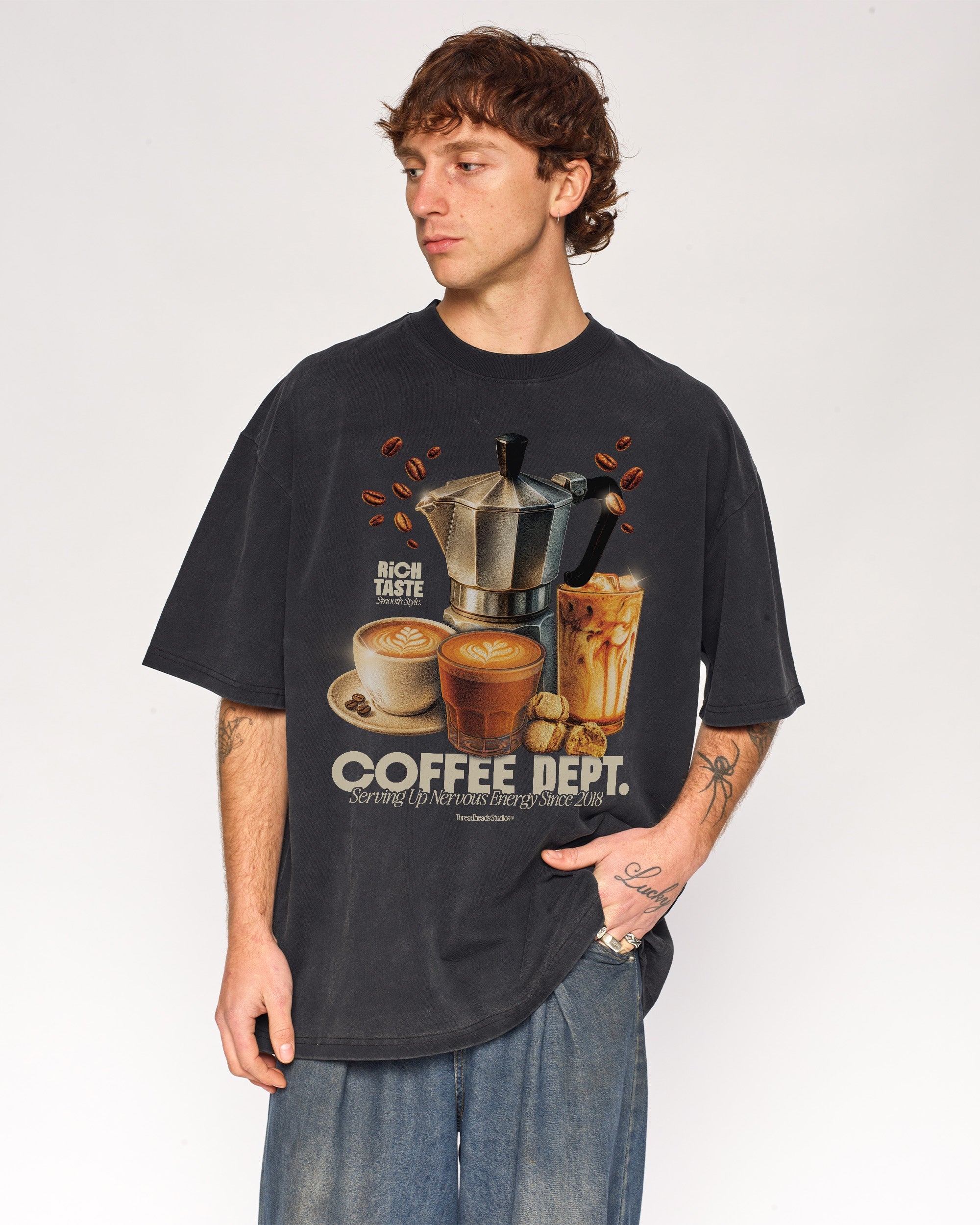 Coffee Dept Oversized Graphic Tee - Threadheads 90s Boxy Fit Unisex Cotton T-Shirt