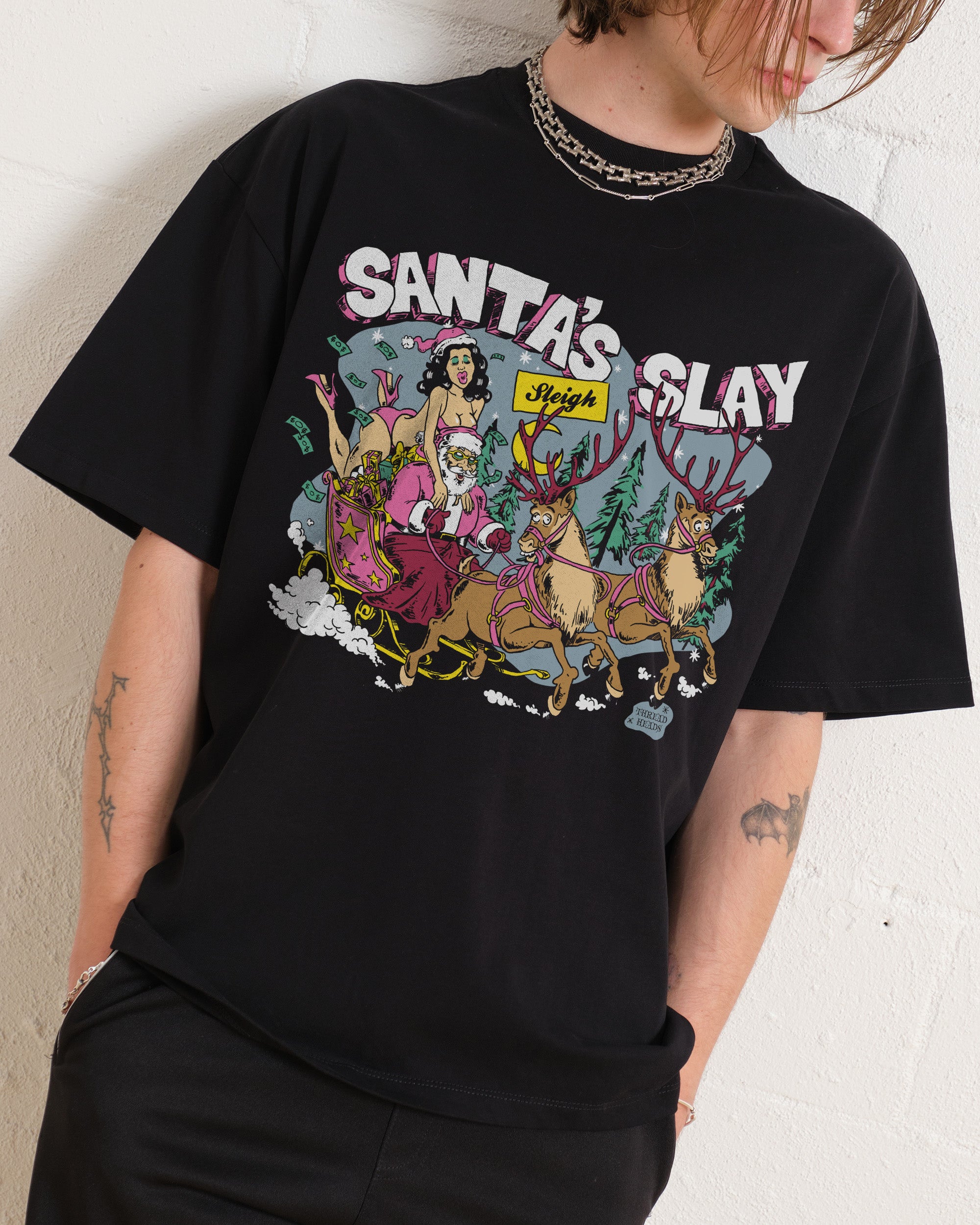 Santa Sleigh Oversized Tee - Threadheads 90s Boxy Fit Heavyweight Cotton Unisex