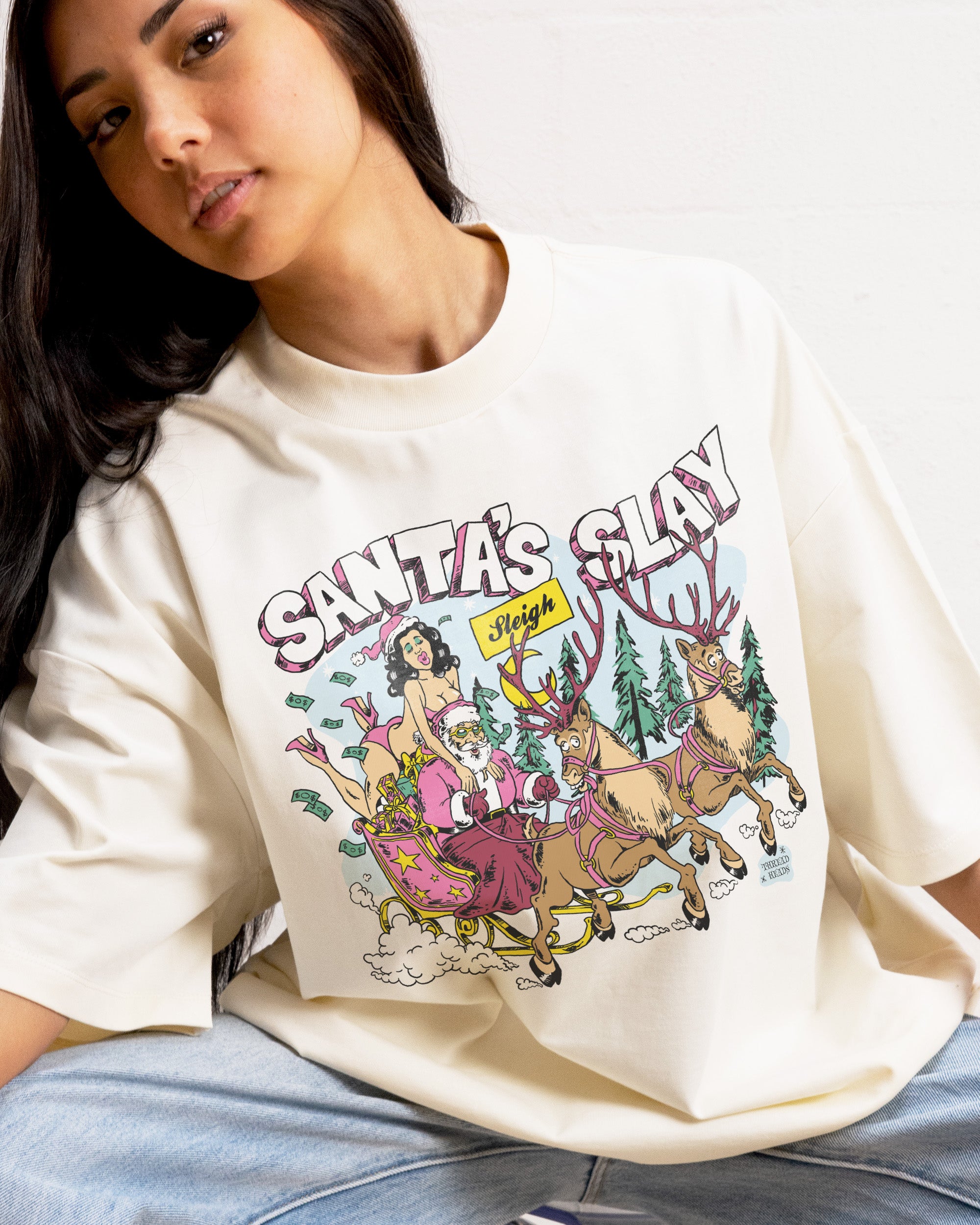Santa Sleigh Oversized Tee - Threadheads 90s Boxy Fit Heavyweight Cotton Unisex