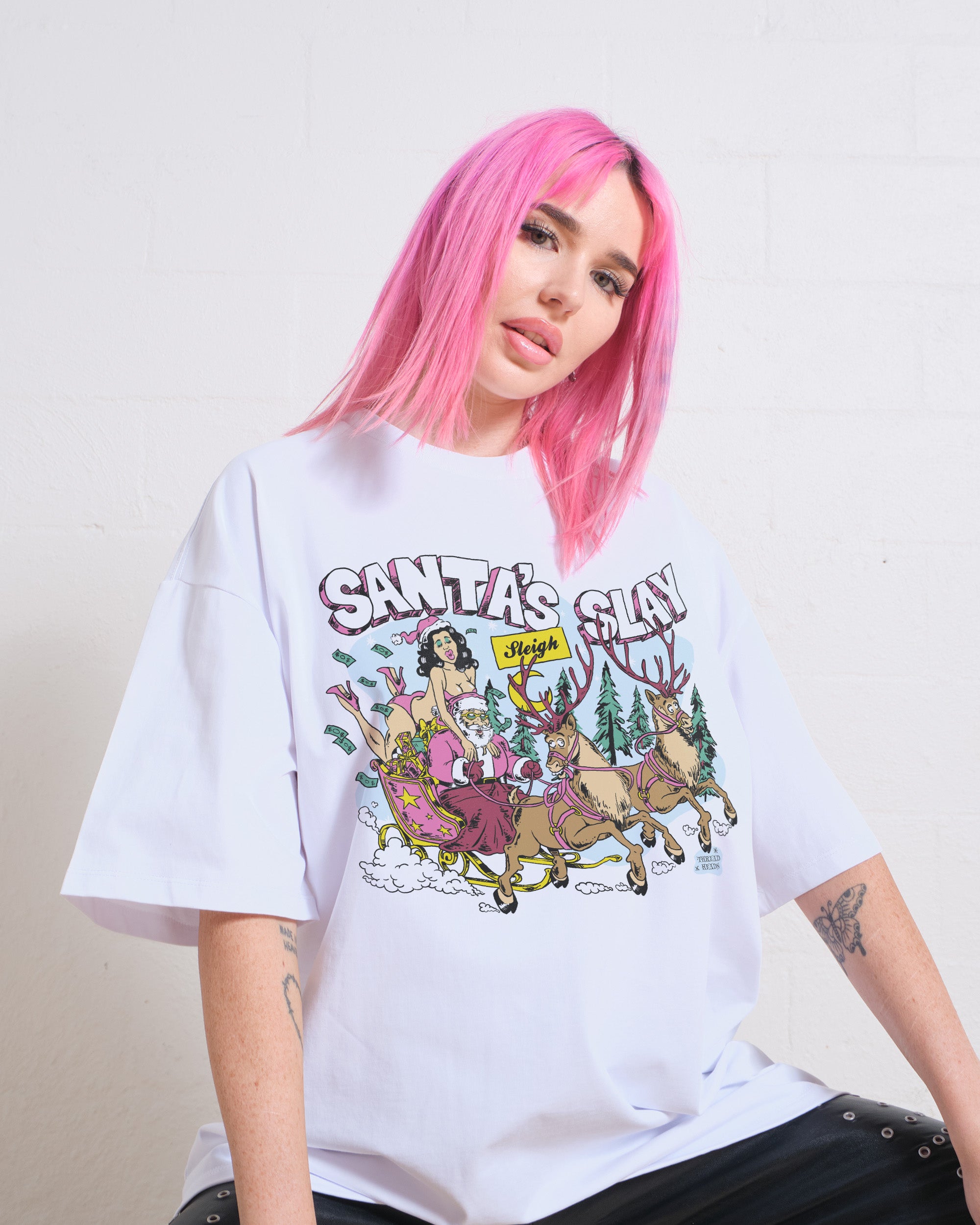 Santa Sleigh Oversized Tee - Threadheads 90s Boxy Fit Heavyweight Cotton Unisex