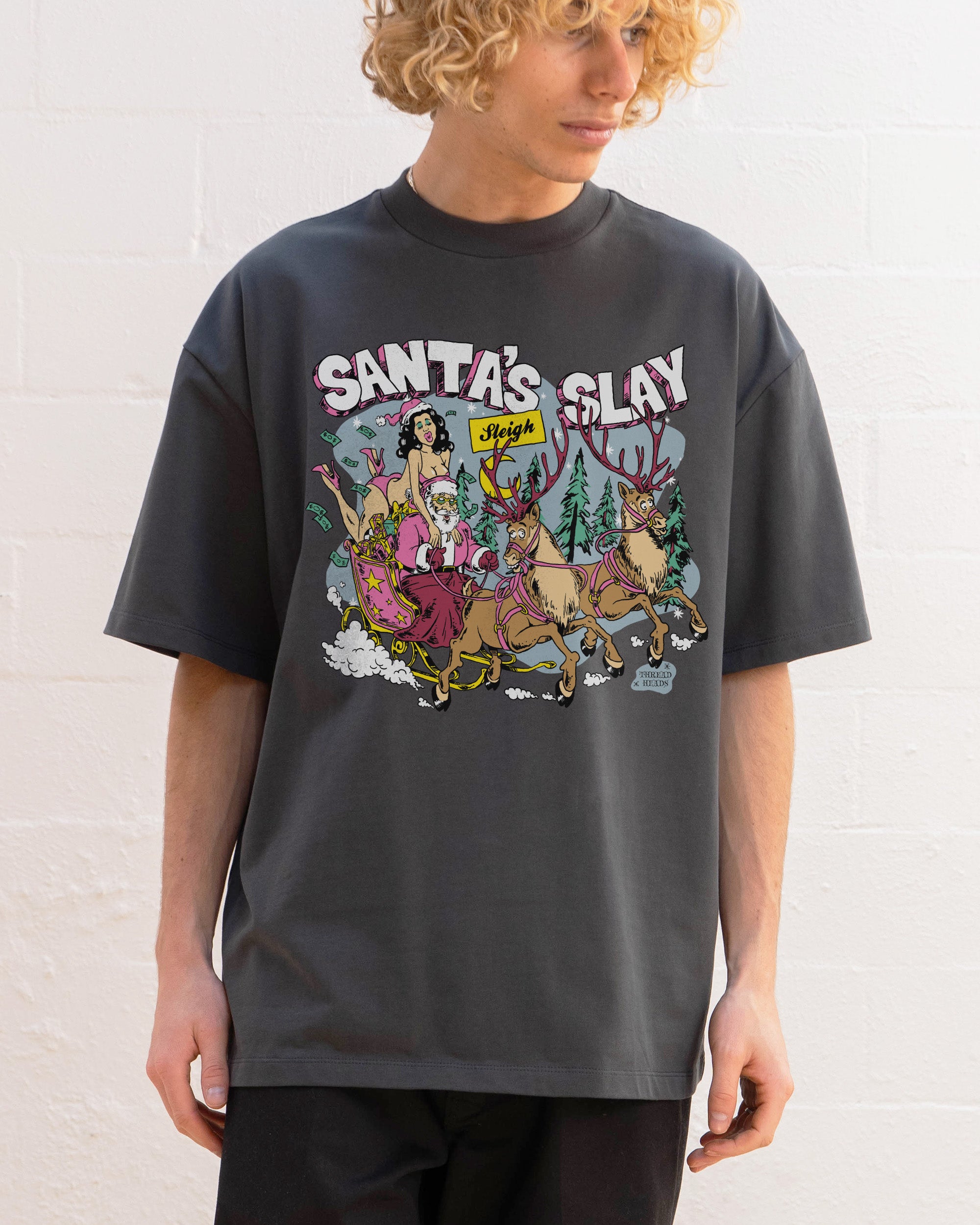 Santa Sleigh Oversized Tee - Threadheads 90s Boxy Fit Heavyweight Cotton Unisex